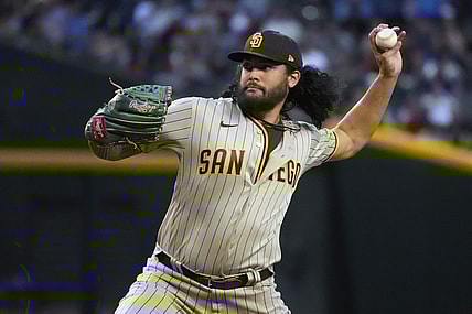 Apr 8, 2022; Phoenix, Arizona, USA; San Diego Padres starting pitcher Sean Manaea (55) throws against the Arizona Diamondbacks in the first inning at Chase Field. Mandatory Credit: Rick Scuteri-USA TODAY Sports