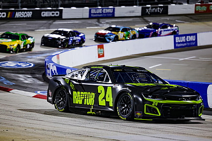 Apr 9, 2022; Martinsville, Virginia, USA; NASCAR Cup Series driver William Byron (24) races at the Blue-Emu Maximum Pain Relief 400 at Martinsville Speedway. Mandatory Credit: Ryan Hunt-USA TODAY Sports