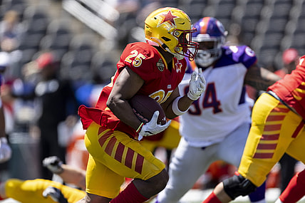 Apr 23, 2022; Birmingham, AL, USA; Philadelphia Stars running back Paul Terry (25) runs the ball against the Pittsburgh Maulers during the second half at Protective Stadium. Mandatory Credit: Vasha Hunt-USA TODAY Sports