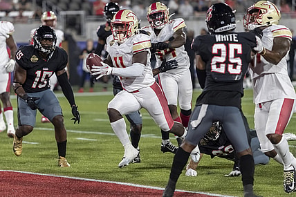 Apr 23, 2022; Birmingham, AL, USA; Birmingham Stallions running back CJ Marable (11) runs the ball for a touchdown against the Houston Gamblers during the second half at Protective Stadium. Mandatory Credit: Vasha Hunt-USA TODAY Sports