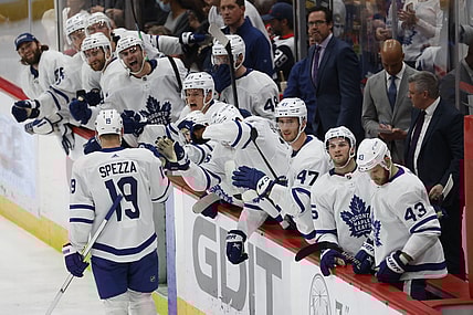 Apr 24, 2022; Washington, District of Columbia, USA; Toronto Maple Leafs center Jason Spezza (19) celebrates with teammates after scoring the game-tying goal against the Washington Capitals in the final minute of the third period at Capital One Arena. Mandatory Credit: Geoff Burke-USA TODAY Sports