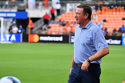 Apr 24, 2022; Houston, TX, USA; Houston Dash head coach James Clarkson looks on during the second half against Racing Louisville FC at PNC Stadium. Mandatory Credit: Maria Lysaker-USA TODAY Sports