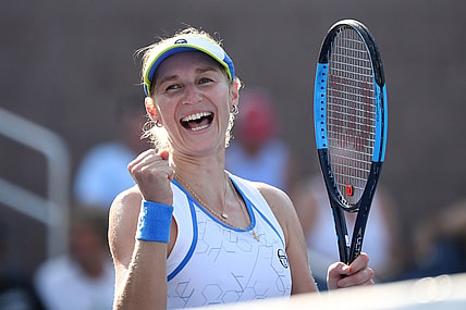 Aug 29, 2018; New York, NY, USA; Ekaterina Makarova of Russia celebrates after a win over Julia Goerges of Germany in a second round match on day three of the 2018 U.S. Open tennis tournament at USTA Billie Jean King National Tennis Center. Mandatory Credit: Danielle Parhizkaran-USA TODAY SPORTS