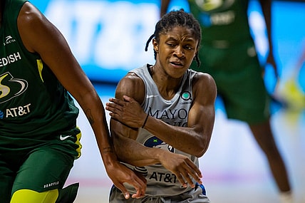 Sep 24, 2020; Bradenton, Florida, USA; Minnesota Lynx guard Crystal Dangerfield (2) pushes around a screen during Game 2 of the WNBA Semifinals against the Seattle Storm at Feld Entertainment. Mandatory Credit: Mary Holt-USA TODAY Sports