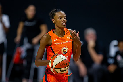 Sep 29, 2020; Bradenton, Florida, USA; Connecticut Sun forward DeWanna Bonner (24) dribbles during game 5 of the WNBA semifinals between the Connecticut Suns and the Las Vegas Aces at IMG Academy. Mandatory Credit: Mary Holt-USA TODAY Sports