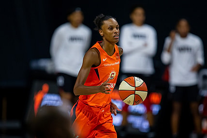 Sep 29, 2020; Bradenton, Florida, USA; Connecticut Sun forward DeWanna Bonner (24) dribbles during game 5 of the WNBA semifinals between the Connecticut Suns and the Las Vegas Aces at IMG Academy. Mandatory Credit: Mary Holt-USA TODAY Sports