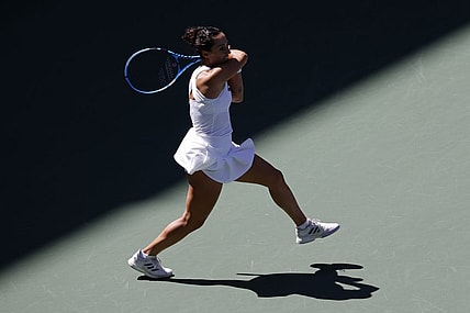 Sep 2, 2021; Flushing, NY, USA; Martina Trevisan of Italy hits a forehand against Belinda Bencic of Switzerland (not pictured) on day four of the 2021 U.S. Open tennis tournament at USTA Billie Jean King National Tennis Center. Mandatory Credit: Geoff Burke-USA TODAY Sports