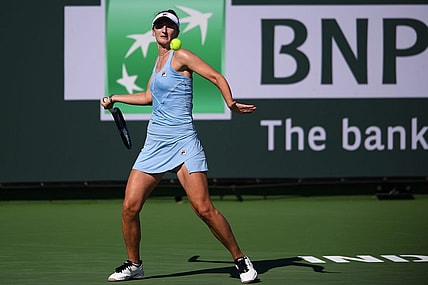 Oct 10, 2021; Indian Wells, CA, USA; Irina-Camelia Begu (ROU) hits a shot against Shelby Rogers (USA) at Indian Wells Tennis Garden. Mandatory Credit: Orlando Ramirez-USA TODAY Sports
