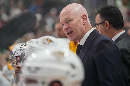 Oct 24, 2021; Saint Paul, Minnesota, USA; Nashville Predators head coach John Hynes looks on during the third period against the Minnesota Wild at Xcel Energy Center. Mandatory Credit: Brace Hemmelgarn-USA TODAY Sports