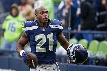 Dec 5, 2021; Seattle, Washington, USA; Seattle Seahawks running back Adrian Peterson (21) returns to the locker room following pregame warmups against the San Francisco 49ers at Lumen Field. Mandatory Credit: Joe Nicholson-USA TODAY Sports