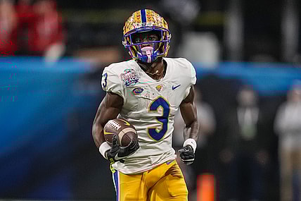 Dec 30, 2021; Atlanta, GA, USA; Pittsburgh Panthers wide receiver Jordan Addison (3) runs after a catch against the Michigan State Spartans at Mercedes-Benz Stadium. Mandatory Credit: Dale Zanine-USA TODAY Sports