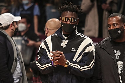 Jan 3, 2022; Brooklyn, New York, USA;  Former NFL wide receiver Antonio Brown watches the game between the Memphis Grizzlies and the Brooklyn Nets at Barclays Center. Mandatory Credit: Wendell Cruz-USA TODAY Sports