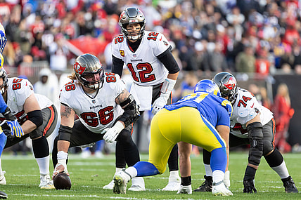Jan 23, 2022; Tampa, Florida, USA; Tampa Bay Buccaneers quarterback Tom Brady (12) looks at the defense during the first half against the Los Angeles Rams during a NFC Divisional playoff football game at Raymond James Stadium. Mandatory Credit: Matt Pendleton-USA TODAY Sports