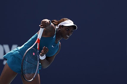 Mar 25, 2022; Miami Gardens, FL, USA; Sloane Stephens (USA) serves against Jessica Pegula (USA) (not pictured) in a second round women's match in the Miami Open at Hard Rock Stadium. Mandatory Credit: Geoff Burke-USA TODAY Sports
