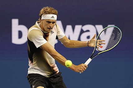 Mar 30, 2022; Miami Gardens, FL, USA; Alexander Zverev (GER) hits a backhand against Casper Ruud (NOR)(not pictured) in a men's singles quarterfinal match in the Miami Open at Hard Rock Stadium. Mandatory Credit: Geoff Burke-USA TODAY Sports