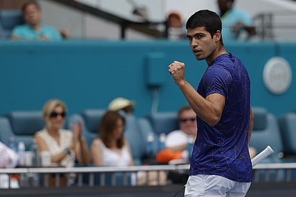 Apr 3, 2022; Miami Gardens, FL, USA; Carlos Alcaraz (ESP) reacts after winning a point against Casper Ruud (NOR)(not pictured) in the men's singles final in the Miami Open at Hard Rock Stadium. Mandatory Credit: Geoff Burke-USA TODAY Sports