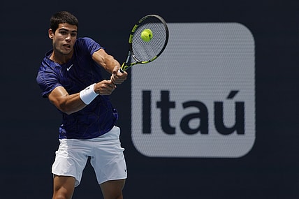 Apr 3, 2022; Miami Gardens, FL, USA; Carlos Alcaraz (ESP) reacts after winning a point against Casper Ruud (NOR)(not pictured) in the men's singles final in the Miami Open at Hard Rock Stadium. Mandatory Credit: Geoff Burke-USA TODAY Sports