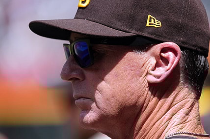 Apr 10, 2022; Phoenix, Arizona, USA; San Diego Padres manager Bob Melvin (3) looks on against the Arizona Diamondbacks during the first inning at Chase Field. Mandatory Credit: Joe Camporeale-USA TODAY Sports