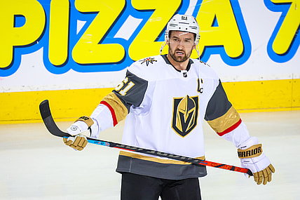 Apr 14, 2022; Calgary, Alberta, CAN; Vegas Golden Knights right wing Mark Stone (61) skates during the warmup period against the Calgary Flames at Scotiabank Saddledome. Mandatory Credit: Sergei Belski-USA TODAY Sports