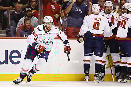 May 3, 2022; Sunrise, Florida, USA; Washington Capitals right wing Tom Wilson (43) celebrates after scoring during the first period against the Florida Panthers in game one of the first round of the 2022 Stanley Cup Playoffs at FLA Live Arena. Mandatory Credit: Sam Navarro-USA TODAY Sports