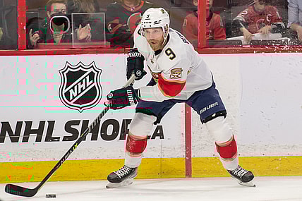 Apr 28, 2022; Ottawa, Ontario, CAN; Florida Panthers center Sam Bennett (9) controls the puck in the first period against the Ottawa Senators at the Canadian Tire Centre. Mandatory Credit: Marc DesRosiers-USA TODAY Sports