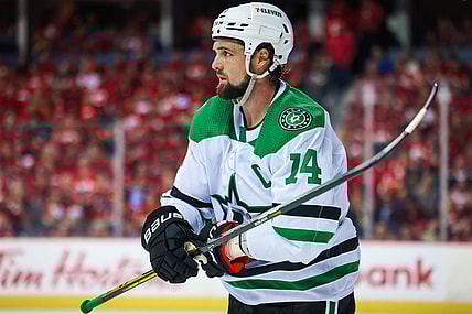 May 3, 2022; Calgary, Alberta, CAN; Dallas Stars left wing Jamie Benn (14) during the third period against the Calgary Flames in game one of the first round of the 2022 Stanley Cup Playoffs at Scotiabank Saddledome. Mandatory Credit: Sergei Belski-USA TODAY Sports