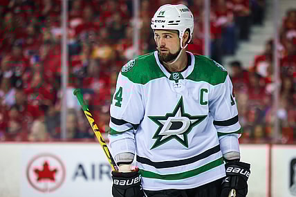 May 3, 2022; Calgary, Alberta, CAN; Dallas Stars left wing Jamie Benn (14) during the third period against the Calgary Flames in game one of the first round of the 2022 Stanley Cup Playoffs at Scotiabank Saddledome. Mandatory Credit: Sergei Belski-USA TODAY Sports