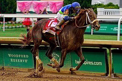 May 6, 2022; Louisville, KY, USA; Luis Saez aboard Secret Oath wins the Kentucky Oaks at Churchill Downs. Mandatory Credit: Peter Casey-USA TODAY Sports