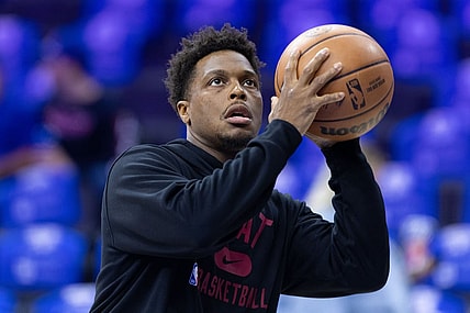 May 8, 2022; Philadelphia, Pennsylvania, USA; Miami Heat guard Kyle Lowry warms up before action against the Philadelphia 76ers in game four of the second round for the 2022 NBA playoffs at Wells Fargo Center. Mandatory Credit: Bill Streicher-USA TODAY Sports