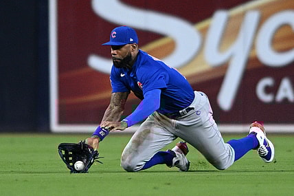 May 9, 2022; San Diego, California, USA; Chicago Cubs center fielder Jason Heyward (22) makes a diving catch on a line drive hit by San Diego Padres shortstop Ha-Seong Kim (not pictured) during the seventh inning at Petco Park. Mandatory Credit: Orlando Ramirez-USA TODAY Sports
