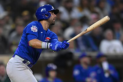 May 10, 2022; San Diego, California, USA; Chicago Cubs first baseman Alfonso Rivas (36) hits a two-run home run during the third inning against the San Diego Padres at Petco Park. Mandatory Credit: Orlando Ramirez-USA TODAY Sports
