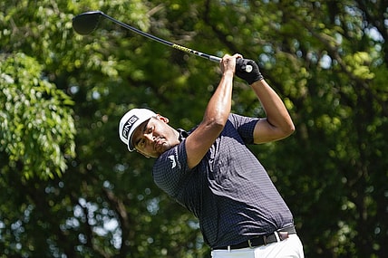 May 14, 2022; McKinney, Texas, USA; Sebastian Munoz plays his shot from the second tee during the third round of the AT&T Byron Nelson golf tournament. Mandatory Credit: Raymond Carlin III-USA TODAY Sports