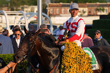 May 21, 2022; Baltimore, MD, USA; Early Voting jockey Jose Ortiz aboard in the winners circle after the Preakness Stakes at Pimlico Race Course. Mandatory Credit: Mitch Stringer-USA TODAY Sports