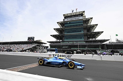 May 23, 2022; Indianapolis, Indiana, Chip Ganassi Racing driver Jimmie Johnson (48) crosses the line of bricks during practice after qualifying for the 106th Indianapolis 500 at the Indianapolis Motor Speedway. Mandatory Credit: Marc Lebryk-USA TODAY Sports