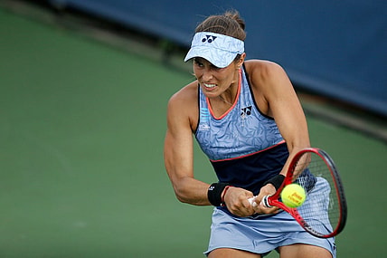 Monica Puig returns a serve in the second set during the Western & Southern Open match between Monica Puig and Yafan Wang at the Lindner Family Tennis Center in Mason, Ohio, on Tuesday, Aug. 13, 2019. Wang advanced with a 3-6, 7-5, 6-3 win. 

Monica Puig Vs Yafan Wang Western Southern Open