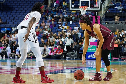 Mar 7, 2020; Greensboro, North Carolina, USA; Florida State Seminoles guard Nausia Woolfolk (13) handles the ball against Louisville Cardinals guard Jazmine Jones (23)  during the first half at Greensboro Coliseum. Mandatory Credit: Jim Dedmon-USA TODAY Sports