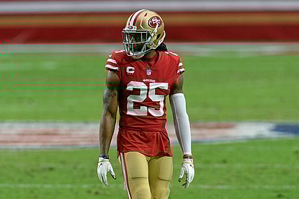 Dec 13, 2020; Glendale, Arizona, USA; San Francisco 49ers cornerback Richard Sherman (25) looks on against the Washington Football Team during the first half at State Farm Stadium. Mandatory Credit: Joe Camporeale-USA TODAY Sports