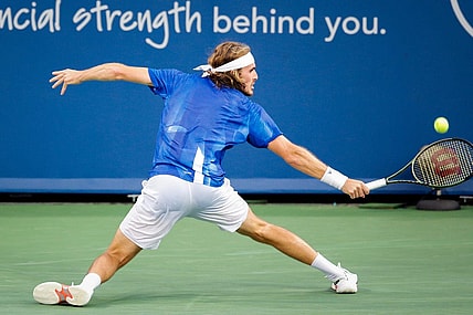 Stefanos Tsitsipas returns a shot during a match between Lorenzo Sonego (ITA) and Stefanos Tsitsipas (GRE) in the Western & Southern Open at the Lindner Family Tennis Center in Mason, Ohio on Thursday, Aug. 19, 2021. Tsitsipas won 5-7, 6-3, 6-4.