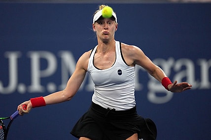 Aug 31, 2021; Flushing, NY, USA; Alison Riske of the United States hits to Anastasia Pavlyuchenkova of Russia on day two of the 2021 U.S. Open tennis tournament at USTA Billie Jean King National Tennis Center. Mandatory Credit: Danielle Parhizkaran-USA TODAY Sports