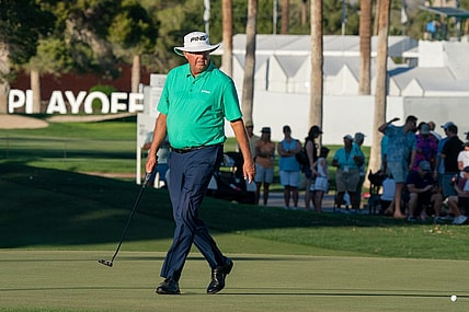 Nov 13, 2021; Phoenix, Arizona, USA; Kirk Triplett lines up a putt on the 18th hole during the third round of the Charles Schwab Cup Championship golf tournament at Phoenix Country Club. Mandatory Credit: Allan Henry-USA TODAY Sports