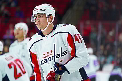 Nov 28, 2021; Raleigh, North Carolina, USA;  Washington Capitals right wing Brett Leason (49) looks on before the game against the Carolina Hurricanes at PNC Arena. Mandatory Credit: James Guillory-USA TODAY Sports