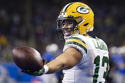 Jan 9, 2022; Detroit, Michigan, USA; Green Bay Packers wide receiver Allen Lazard (13) reacts after making a touchdown catch during the second quarter against the Detroit Lions at Ford Field. Mandatory Credit: Raj Mehta-USA TODAY Sports