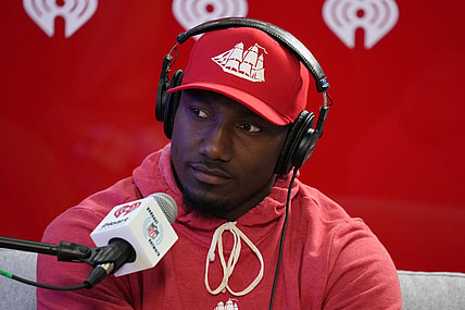 Feb 9, 2022; Los Angeles, CA, USA; San Francisco 49ers receiver Deebo Samuel at the Super Bowl LVI Media Center at the Los Angeles Convention Center. Mandatory Credit: Kirby Lee-USA TODAY Sports