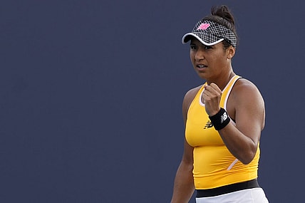 Mar 24, 2022; Miami Gardens, FL, USA; Heather Watson (GBR) reacts after winning a point against Elina Svitolina (UKR) (not pictured) in a second round women's singles match in the Miami Open at Hard Rock Stadium. Mandatory Credit: Geoff Burke-USA TODAY Sports