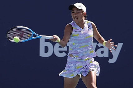 Mar 27, 2022; Miami Gardens, FL, USA; Shuai Zhang hits a forehand against Coco Gauff (USA) in a third round women's singles match in the Miami Open at Hard Rock Stadium. Mandatory Credit: Geoff Burke-USA TODAY Sports