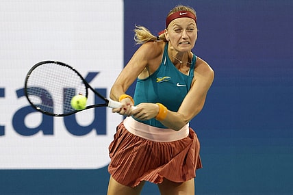 Mar 30, 2022; Miami Gardens, FL, USA; Petra Kvitova (CZE) hits a backhand against Iga Swiatek (POL)(not pictured) in a women's singles quarterfinal match in the Miami Open at Hard Rock Stadium. Mandatory Credit: Geoff Burke-USA TODAY Sports