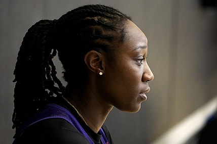 Apr 21, 2022; Phoenix, Arizona, USA; Phoenix Mercury center Tina Charles talks to the press at Verizon 5G Performance Center. Mandatory Credit: Cheryl Evans/The Republic via USA TODAY NETWORK