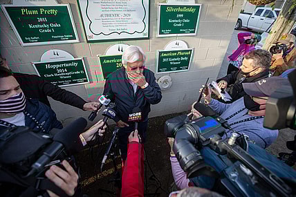 Bob Baffert talks with the media on the morning after winning the Kentucky Derby with Medina Spirit.
 Pat McDonogh/Courier Journal
Medina Spirit's trainer Bob Baffert talks with the media the morning after winning the Kentucky Derby with Medina Spirit. One week later it was announced that the horse tested positive for an abundance of an anti-inflammatory drug following the race. April 26, 2021

Aj4t9233