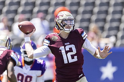 May 1, 2022; Birmingham, AL, USA; Michigan Panthers quarterback Paxton Lynch (12) throws against the Pittsburgh Maulers during the first half at Protective Stadium. Mandatory Credit: Vasha Hunt-USA TODAY Sports