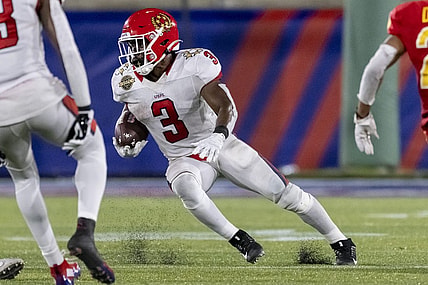 May 1, 2022; Birmingham, AL, USA; New Jersey Generals running back Trey Williams (3) runs against the Philadelphia Stars during the second half at Protective Park. Mandatory Credit: Vasha Hunt-USA TODAY Sports
